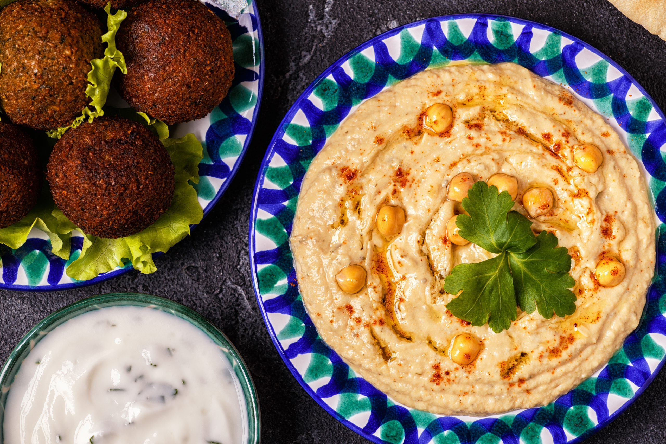 Classic falafel and hummus on the plates.