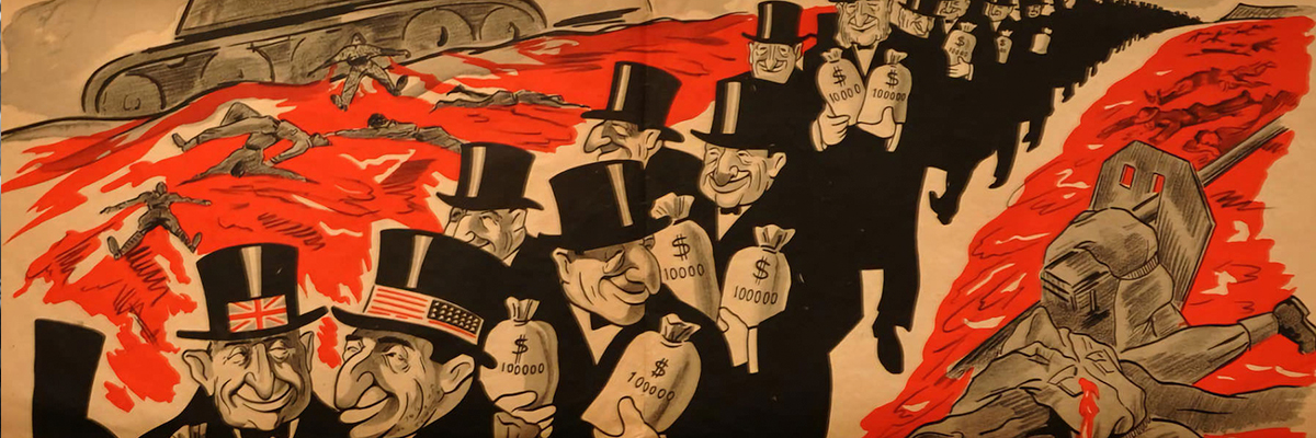 Detail from “The Way Of The Red Sea Is A Way Of Blood,” a 1944 Italian poster depicting grinning Jewish bankers carrying money bags past dead soldiers.