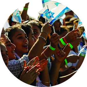 People making aliyah and supporters waving Israeli falgs