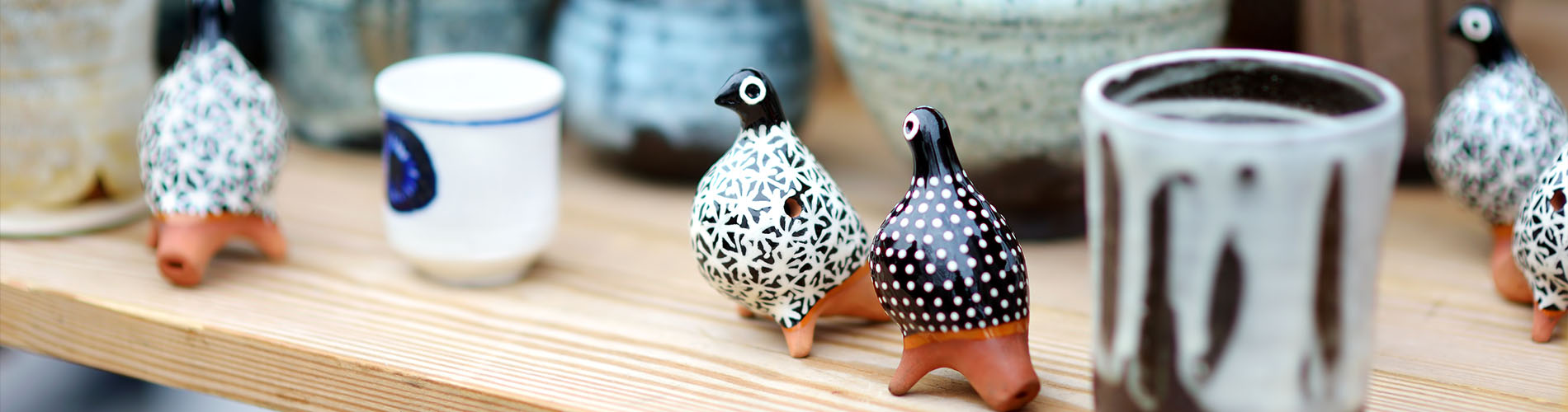 Ceramic birds on display at craft fair